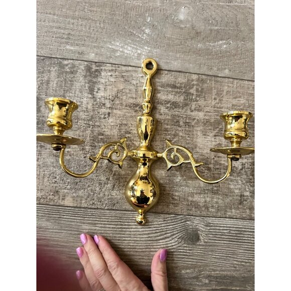 Vintage Solid Brass Double Arm Wall Sconce Candle Holders Ornate Design Set Of 2 - Picture 5 of 12